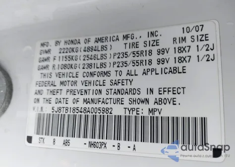 2008 Acura Rdx from USA, damaged, VIN 5J8TB18548A005982